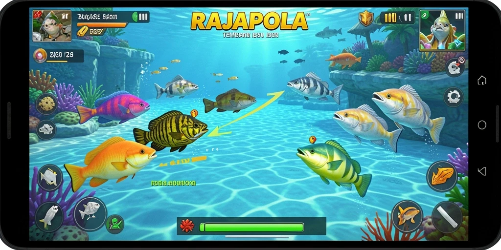 Screenshot gameplay RAJAPOLA dengan ikan berwarna-warni yang ditangkap.