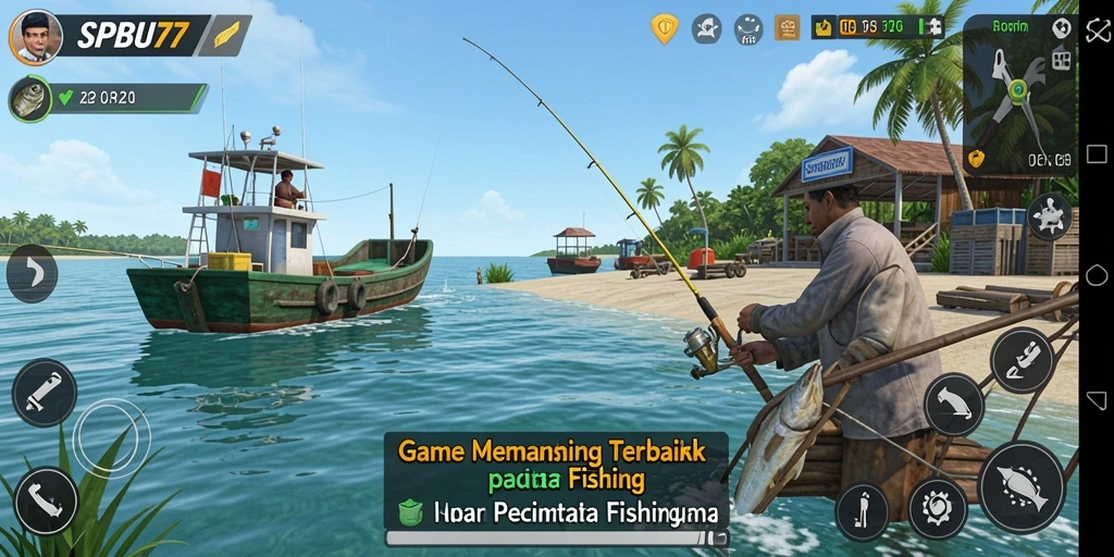 Screenshot menampilkan gameplay memancing yang realistis di SPBU77.